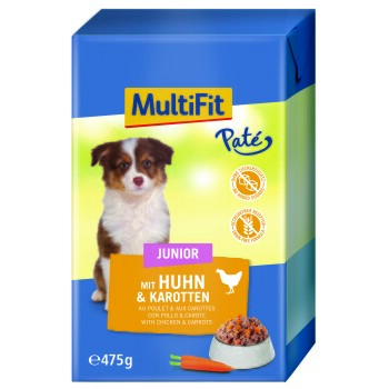 MultiFit Paté für Hunde, 475g, mit "Junior"-Etikett, mit Huhn und Karotten, getreidefreier Formel und ohne zugesetzten Zucker.